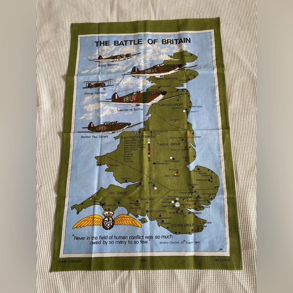 NWOT 100% Cotton “Battle for Britain” tea towel/dish towel. UK Map kitchen linen